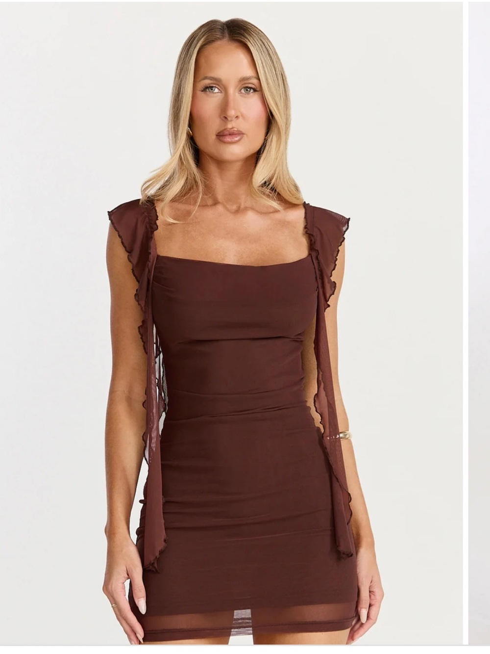 Showpo Brown Square Neck Ruffle Strap Mini Dress